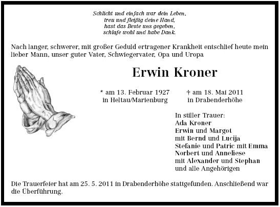 Kroner Erwin 1927-2011 Todesanzeige